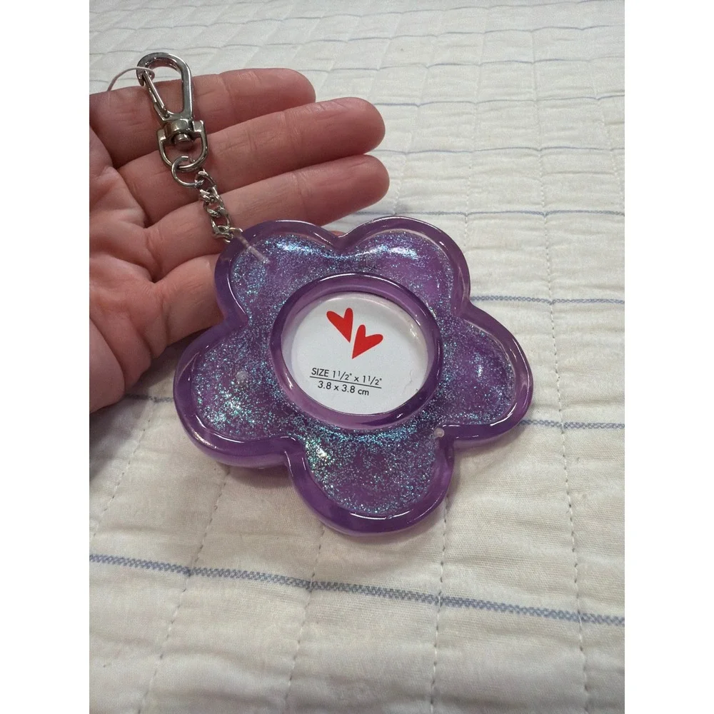 Purple Glitter Flower Photo Frame Keychain Daisy Bag Charm 1.5x1.5 Picture Frame